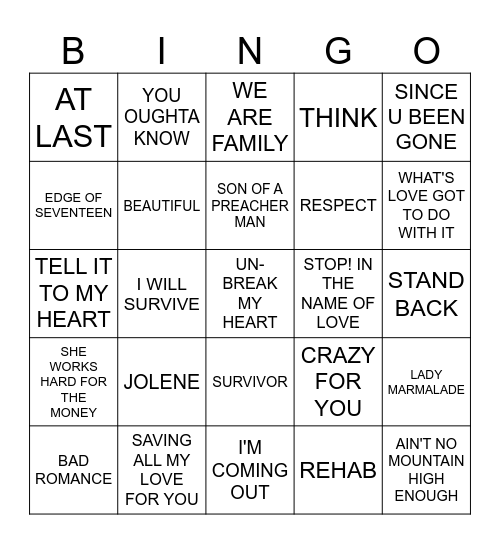 MUSIC BINGO - POP DIVAS Bingo Card