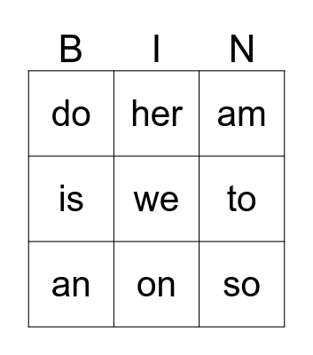 Sight Words Bingo Card