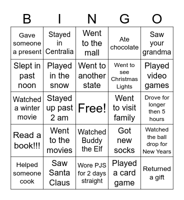 Winter Break Bingo Card