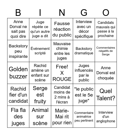 Quel talent V2 Bingo Card
