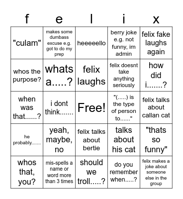 felix bingo but more Bingo Card