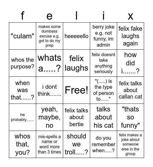 felix bingo but more Bingo Card