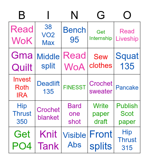 Chloe's 2025 Resolutions Bingo Card