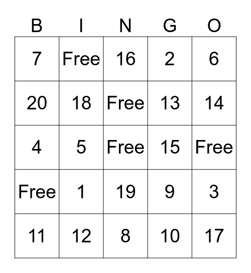 Kinder Math Bingo Card