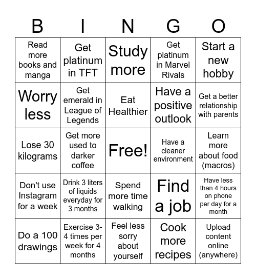 New Year's Resolution BINGO Card