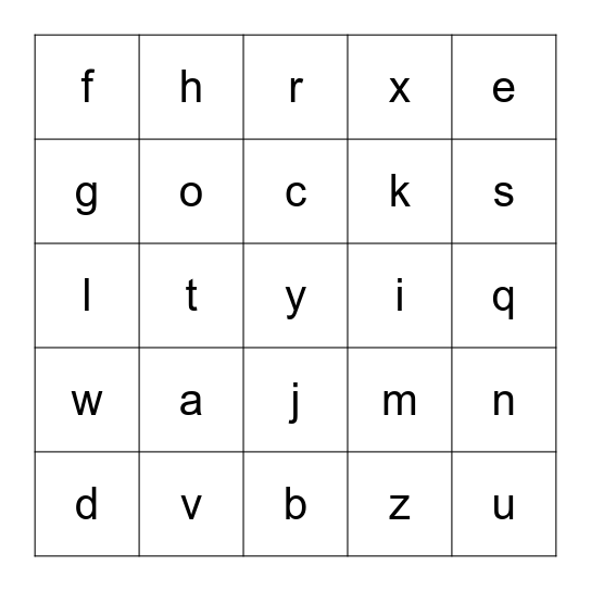Lowercase Letters Bingo Card