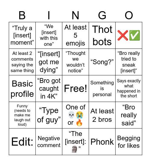 YouTube Shorts Bingo Card