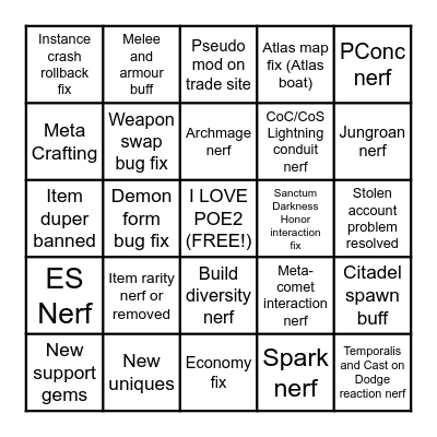 PoE2 Post-vacation Patch Bingo Card