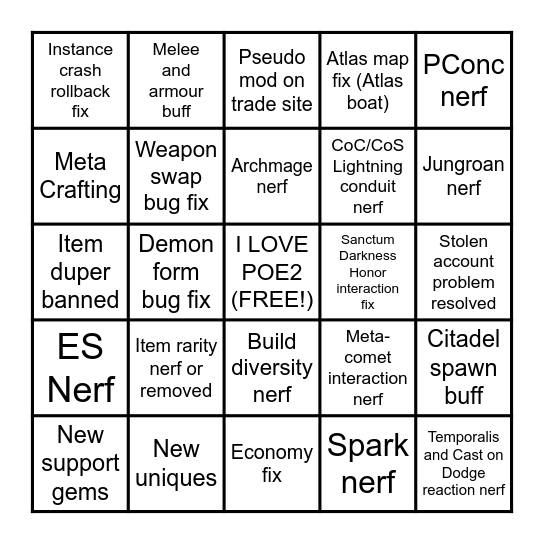 PoE2 Post-vacation Patch Bingo Card