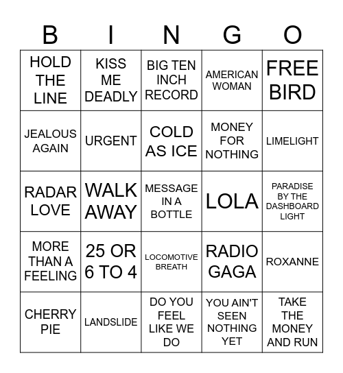 MUSIC BINGO - CLASSIC ROCK Bingo Card