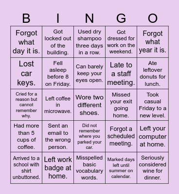 Tired Teacher Bingo Card
