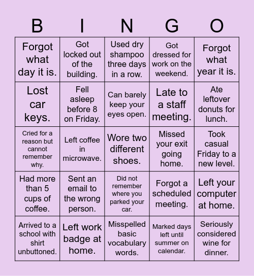 Tired Teacher Bingo Card