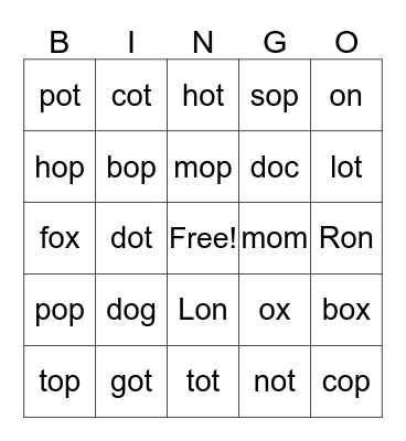 Short o Bingo Card