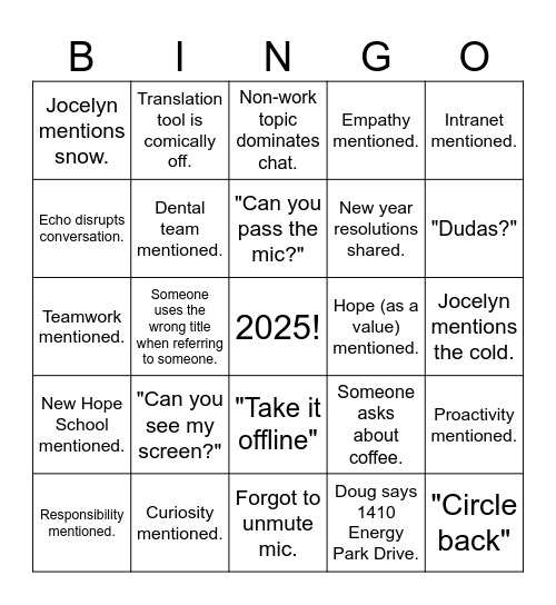 2025 Kick Off Bingo Card
