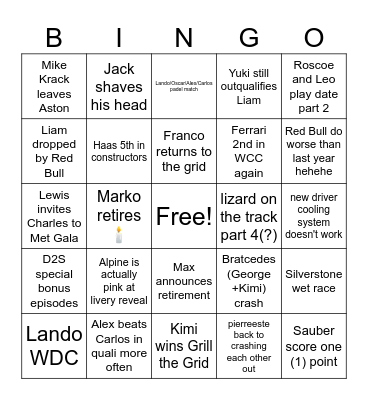 Nic's F1 Nonsense Bingo Card