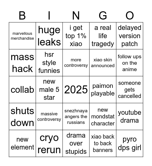 genshin 2025 bingo Card