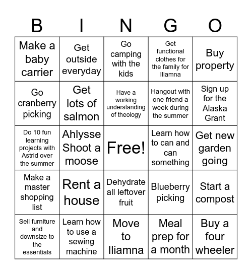 2025 Goals Bingo Card