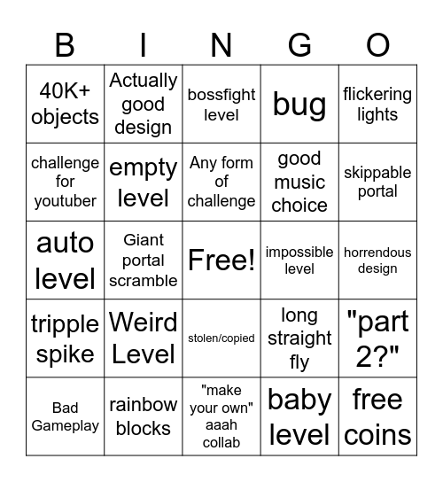Geometry Dash Recent Tab Bingo Card