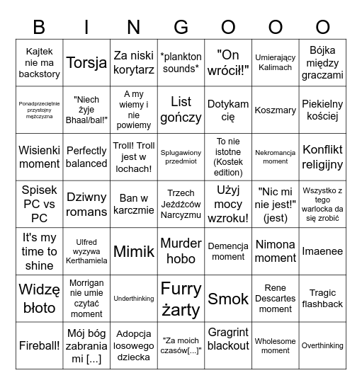 Cienie Przyszłości Bingo Card