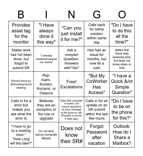 Help Desk Bingo Card