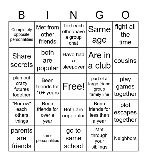 best friends bingo Card