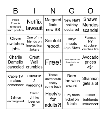 Oliver 2025 Bingo Card