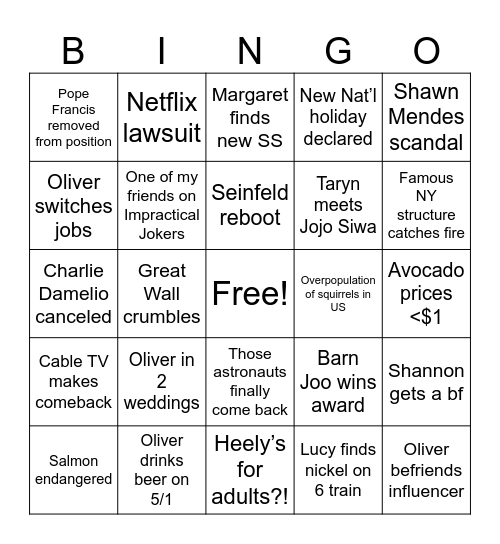 Oliver 2025 Bingo Card