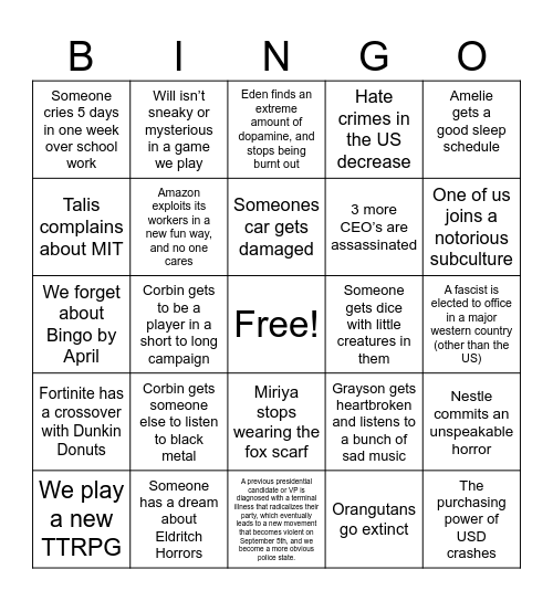 Some likely and some unlikely but plausible things that could happen in 2025 Bingo Card