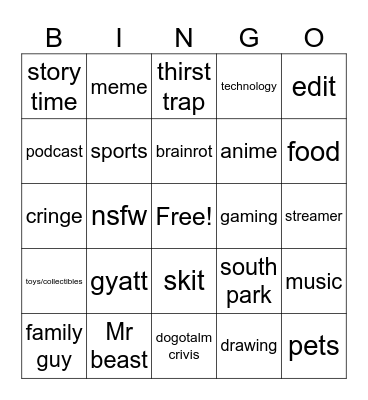 yt shorts bino Bingo Card