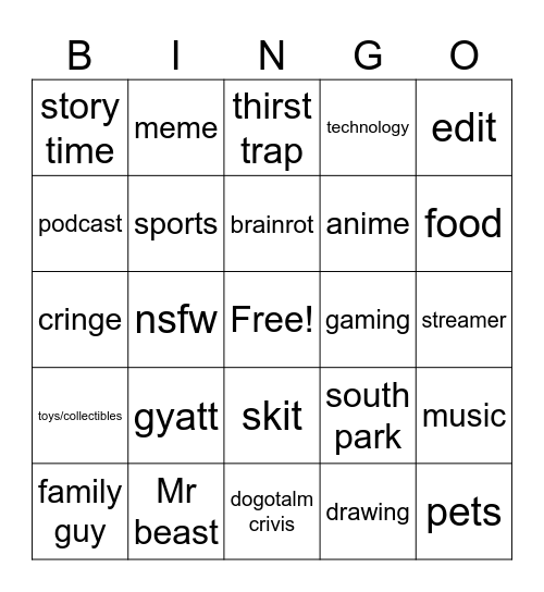 yt shorts bino Bingo Card