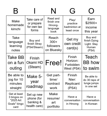 2025 Bucket List Bingo Card