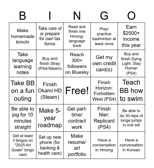 2025 Bucket List Bingo Card