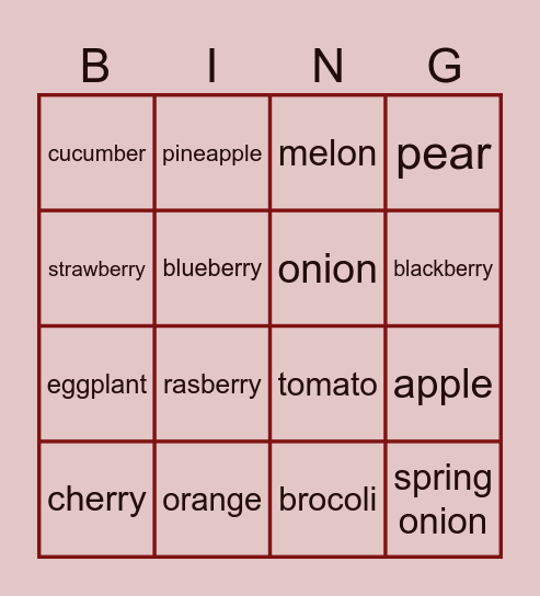 fruits Bingo Card