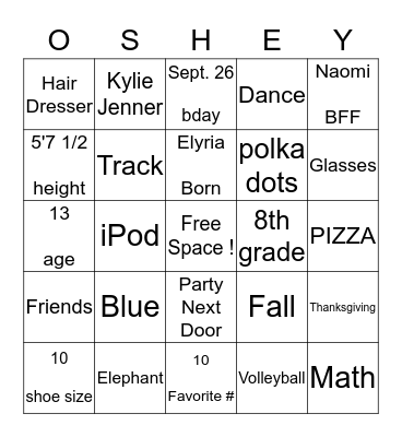 Osheana's Bingo Card Bingo Card