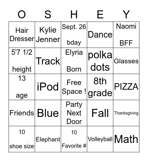 Osheana's Bingo Card Bingo Card
