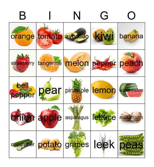 Fruit and Vegetable Bingo Card