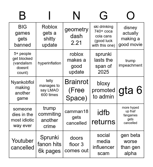 2025 Bingo Card Bingo Card