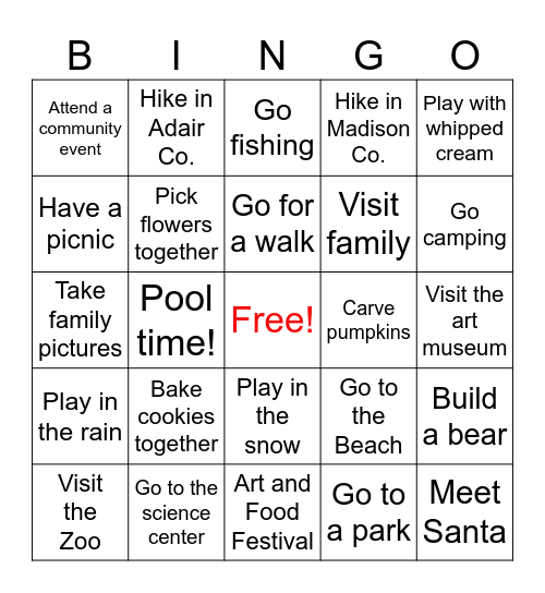 2025 Family Activities Bingo Card