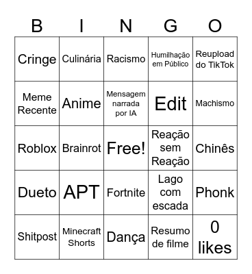 Youtube shiorts Bingo Card