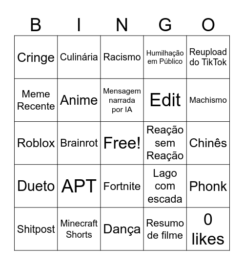 Youtube shiorts Bingo Card