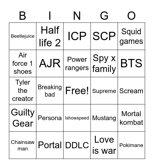 Fortnite collabs Bingo Card