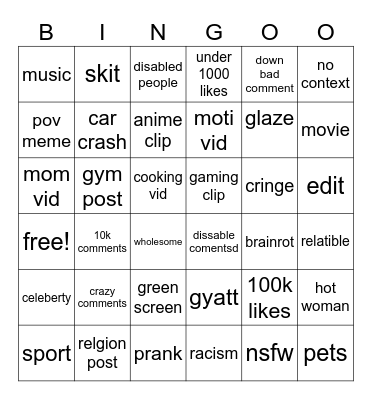 insta reels Bingo Card