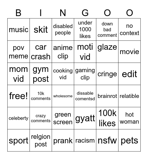 insta reels Bingo Card