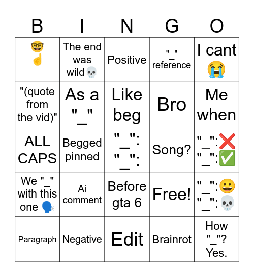 Yt shorts comments Bingo Card