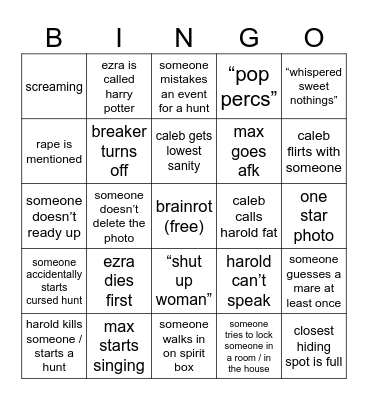 phasmophobia bingo Card