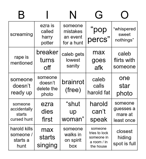 phasmophobia bingo Card