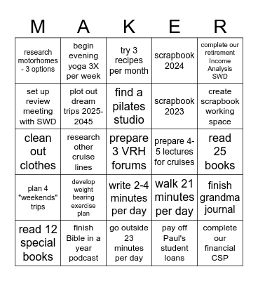 25 for 25 goals Bingo Card