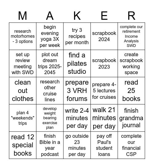 25 for 25 goals Bingo Card