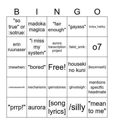 things eurycinth says Bingo Card