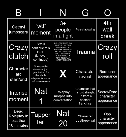 TDW Roleplay Bingo Card